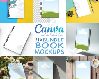 May include: A set of 31 editable book mockups for Canva. The mockups feature a variety of backgrounds and styles, including a white notebook on a pink and yellow surface, a notebook with a blue sky and green hills on a white surface, and a notebook with a blue sky and green hills on a wooden surface.
