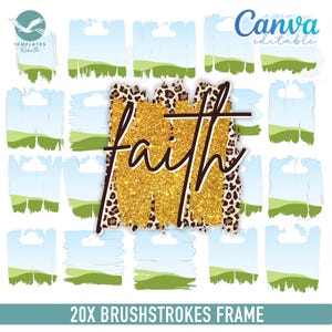 Puede incluir: 20 marcos digitales de pinceladas con un diseño de paisaje de cielo y hierba. La palabra "fe" está escrita en letras doradas de purpurina sobre un fondo de estampado de leopardo.