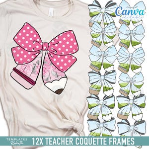 May include: Twelve digital frames featuring a pink and white polka dot bow with a pencil design. The frames are designed for teachers and are editable.