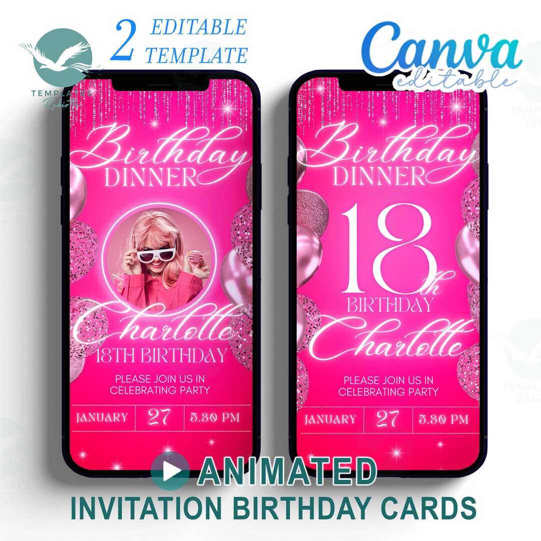 2 Digital Birthday Invitation Card Canva Editable/fill Your Own Picture