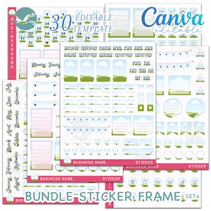 Puede incluir: Un conjunto de 30 pegatinas de planificador imprimibles que presentan una colina verde, un cielo azul y nubes blancas. Las pegatinas incluyen un calendario, los días de la semana y otros elementos esenciales del planificador. Las pegatinas están diseñadas para ser utilizadas con un planificador o un diario.