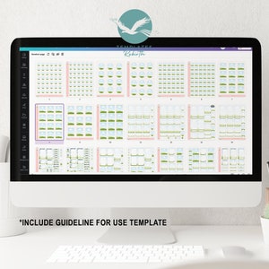 May include: A computer screen displaying a digital planner template with various layouts and designs. The template features a green and blue color scheme with illustrations of clouds and grass. The text "TEMPLATES Rebirth" is visible at the top of the screen.