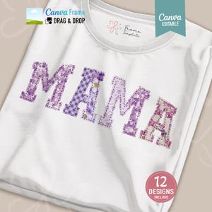 Patchwork Mama Faux Embroidered Font Frame Template Canva: Sport Varsity Photo Frames Alphabet PNG.