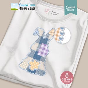 以下が含まれることがあります： 白のTシャツ。青、ベージュ、紫のチェック柄のパッチワークウサギのデザイン。ウサギは小さな水色のビーズで縁取られています。Tシャツには「Canva Frame Drag & Drop」と「Canva Editable」の文字が入っています。小さな円には3つの水色のビーズが表示されています。
