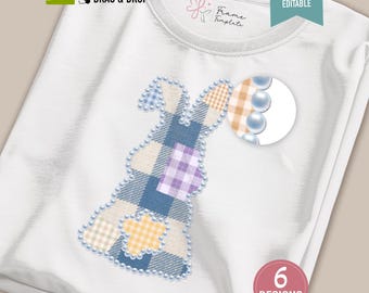 Plantilla de marco de fotos de Pascua estilo preppy con diseño de conejito y patchwork: estampado de cuadros estilo cottage core con bordado simulado (descarga digital)