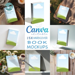 Könnte beinhalten: 15 bearbeitbare Buchcover-Mockups von Canva mit einem einfachen Design mit einer weißen Wolke, blauem Himmel und grünem Gras. Die Mockups werden in verschiedenen Umgebungen angezeigt, darunter auf einem Holztisch, einer weißen Oberfläche und einer Decke auf dem Gras.