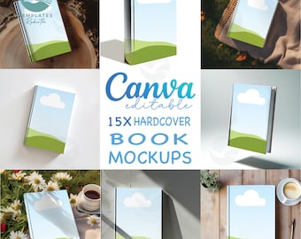 Pacote com 15 mockups de livros de capa dura editáveis pela Canva, arraste e solte sua moldura, mockups de cadernos de diário com transparência excessiva, mockup de loja