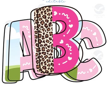 Cadre de polices Doodle moitié divisé Saint-Valentin : modèle PNG d'alphabet modifiable coeur léopard (Canva)