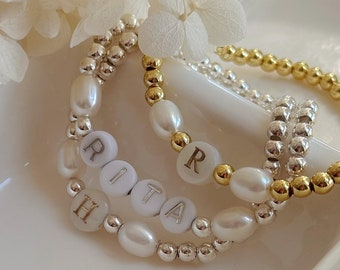 RITA | 18K Gold Filled, Stirling Silver, Beaded Bracelet, Freshwater Pearls, Personalised Name Bracelet, Gift For Her, Mother's Day Gift