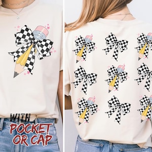 Coquette check print arco lápis png | Professor Png Design Para Sublimação, png para Trendy Teacher Png Para Camisa com designs de bolso conjunto de 9