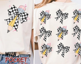 Coquette check print bow pencil png | Teacher Png Design For Sublimation, png for Trendy Teacher Png For Shirt with pocket designs set of 9