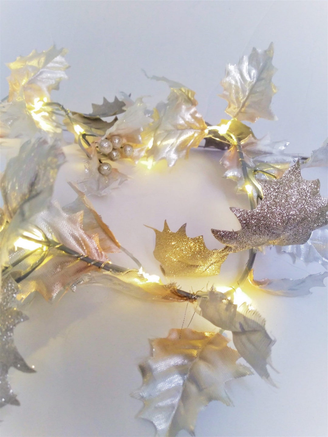 Silver Christmas Garland With LED Lights and Holly Leaves by Etsy