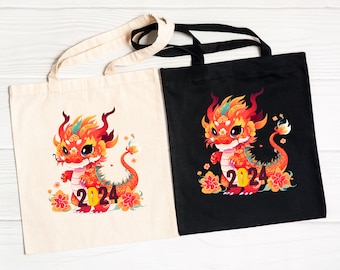 Year of the Dragon 2024, Custom Designed Dragon Tote Bag, Chinese New Year, Chinese Zodiac, Cotton Canvas Tote Bag, Cute Dragon