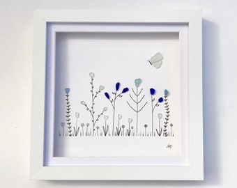 Sea glass flowers butterfly framed art, flower lover Mother’s Day gift for mom