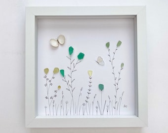 Sea glass flower butterfly framed picture, flower lover Mother’s Day gift for mom