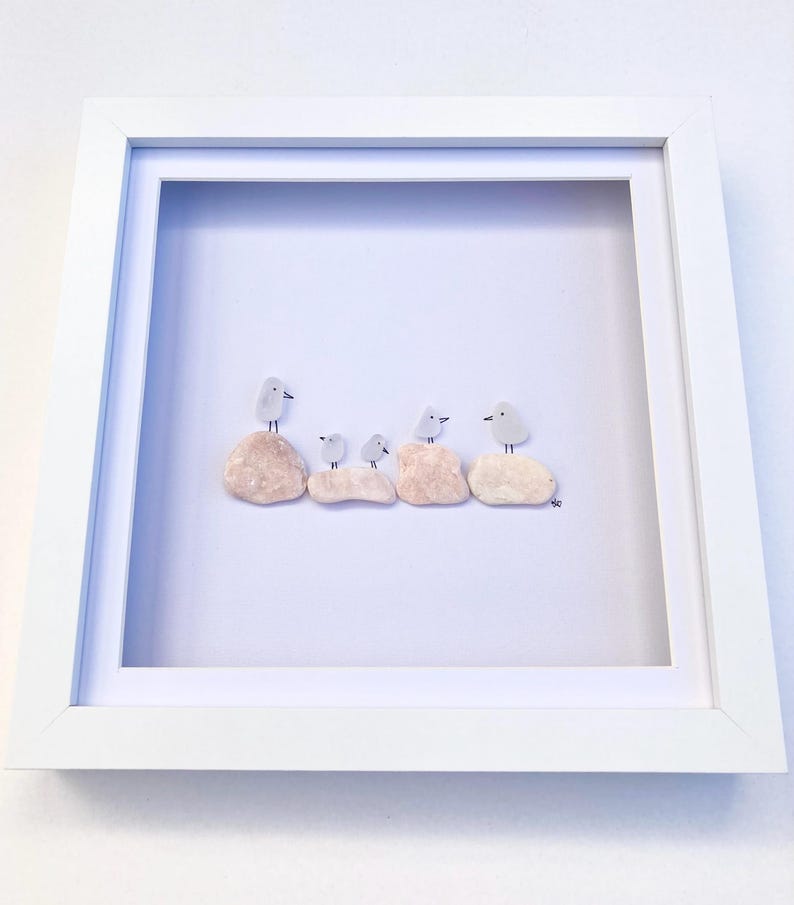 Sea Glass Pebble Birds on Pink Rocks, 3d Coastal Wall Art, Unique