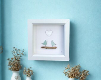 Sea glass pebble love birds heart art with driftwood, unique beach wedding gift for the couple,  3D engagement or anniversary keepsake gift