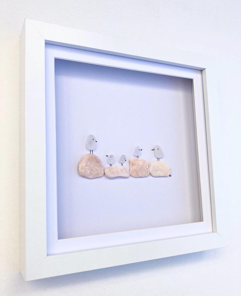 Sea Glass Pebble Birds on Pink Rocks, 3d Coastal Wall Art, Unique