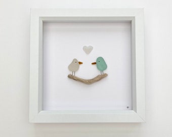 Sea glass pebble love birds heart art with driftwood, unique wedding gift for the couple