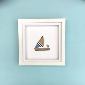 Driftwood sailboat with sea glass seagull picture, framed beach house decor, nautical wall art, Cornish coastal inspired minimalist artwork