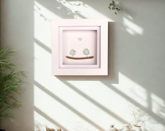 Sea glass pebble love birds heart art with driftwood, unique wedding gift for the couple