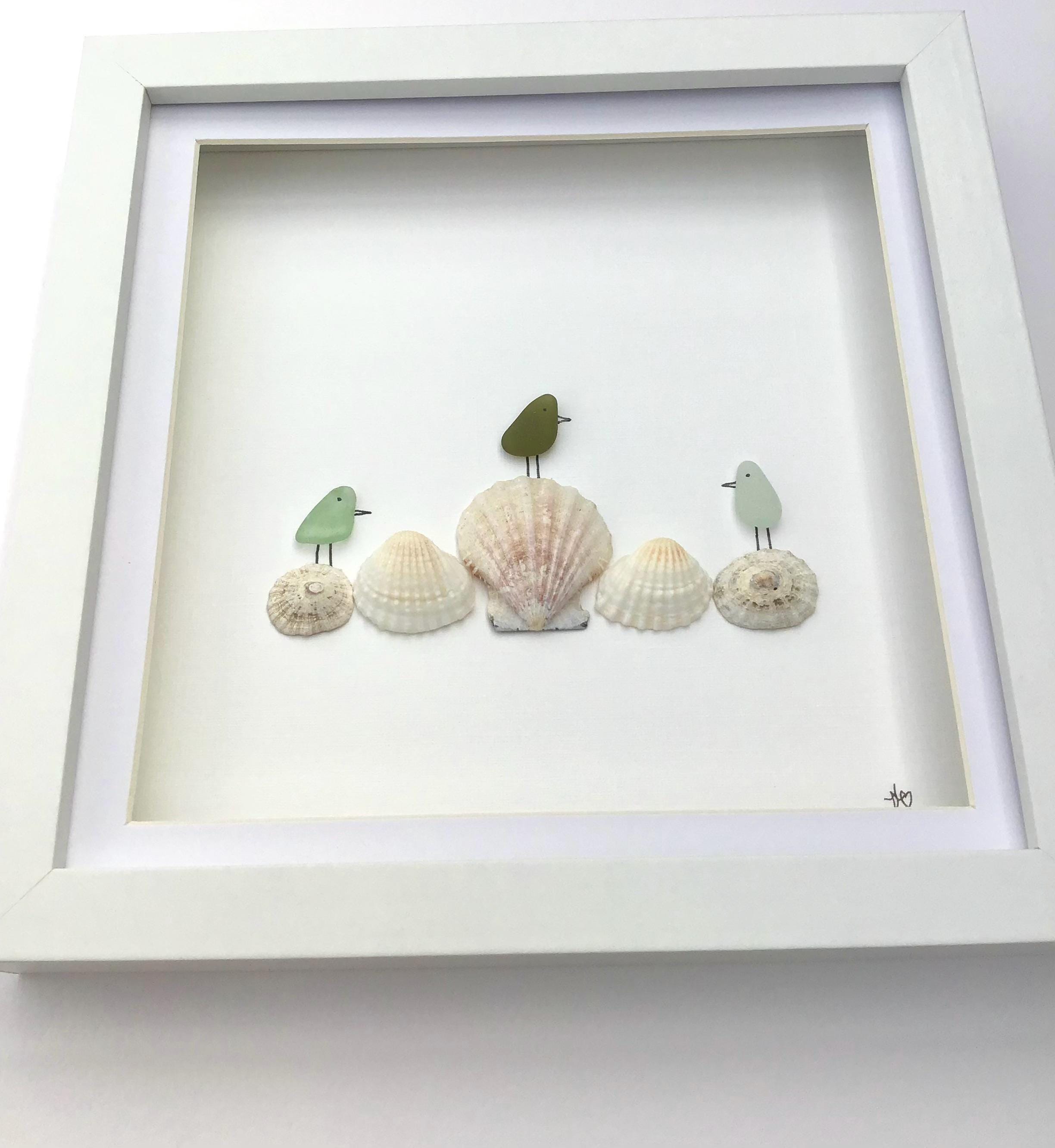 Shell Bird Design 3 Sea Glass Birds on Shells Framed Picture, Beach Lover Birthday Gift ...