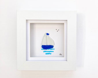 Sea glass sailboat framed picture, Father’s Day gift for step dad