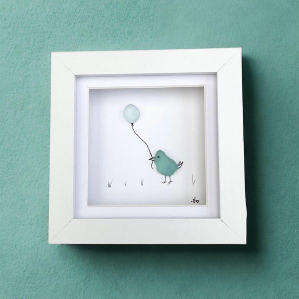 Sea glass pebble bird with balloon framed wall art, unique handmade gift for newborn, teal home decor