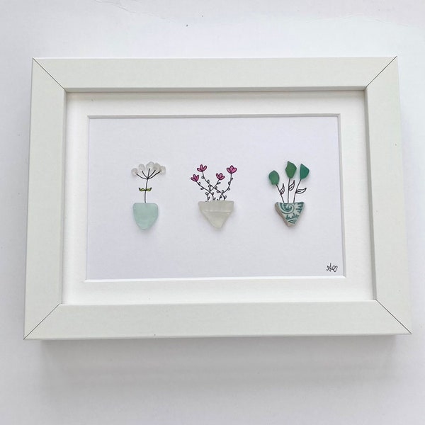 Sea glass flower, plant and vases framed picture, handmade Mother’s Day gift for mom