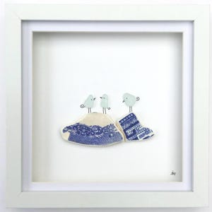 Sea glass pebble birds on blue sea pottery rocks framed art, unique beach lover birthday gift for her