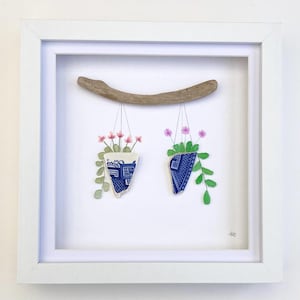 Sea glass and watercolour flowers and driftwood framed art, unique floral lover Christmas gift for her