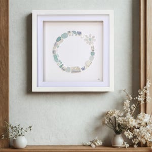 Cornish coastal flower wreath art, aqua sea glass beachy wall decor, handmade birthday gift for sister, OOAK