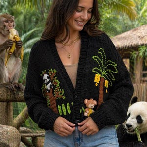 Jungle Panda Monkey Cardigan - Handmade 3D Animal Knit Jacket – Tropical Bamboo Banana Wool Acrylic Blend Sweater - Wearable Art