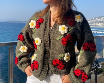 Ladybug Daisy Cardigan | Bloom Knit Jacket | Handmade Floral Ladybug Embroidered Cardigan| Chunky Knit Sweater | Cottagecore Themed Knitwear