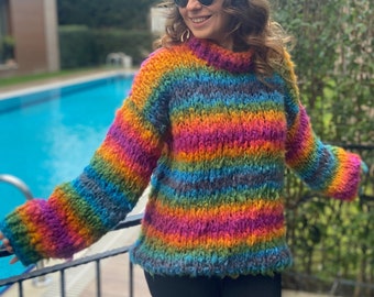 Blue Orange Purple Green Striped Rainbow Jumper | Chunky Oversized Colourful Stripes Knitwear | Knitted Sweater Multicoloured Pullover Top