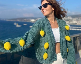 Lemon Cardigan | Chunky 3D Lemon Jacket  | Green Knitted Sicilian Style Lemon Sweater | Cottagecore Aesthetic Crop Cardigan