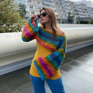 Striped Rainbow Shrug Cropped Jumper Chunky Colourful Stripes Bolero Knitted Multicoloured Colourful Crop Sweater Crop Knit Arm Warmer image 2