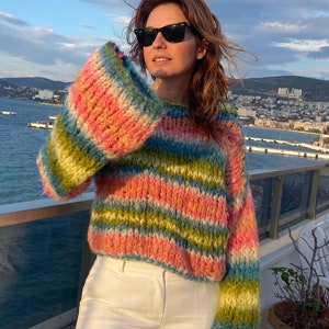Rainbow Striped Hoodie Jumper | Chunky Striped Hooded Sweater | Vegan Yarn Knitted Colorful Sweater | Cottagecore themed Crop Pullover Top