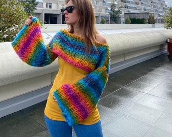 Gestreifter Regenbogen Shrug Kurzpullover | Chunky Bunt gestreift Bolero | Gestrickter mehrfarbiger bunter kurzer Pullover | Crop Strick Armstulpen