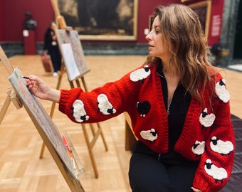 Iconic Princess Diana Black Sheep Red Cardigan: Red Chunky Cottagecore Knit Jacket
