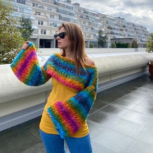 Striped Rainbow Shrug Cropped Jumper Chunky Colourful Stripes Bolero Knitted Multicoloured Colourful Crop Sweater Crop Knit Arm Warmer image 1
