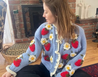 Blue Daisy Strawberry Cardigan | Handmade Floral Sweater | Bloom Knit Jacket | Oversized Chunky Knitwear | 3D Strawberry Jumper| Cottagecore