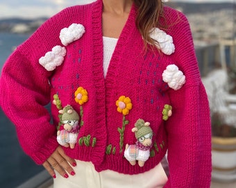 Alpaca Farm Daisy Cloud Cardigan | Chunky Alpaca Flower Jacket | Fushia Knitted 3D Cloud Floral Sweater | Cottagecore Aesthetic Pullover