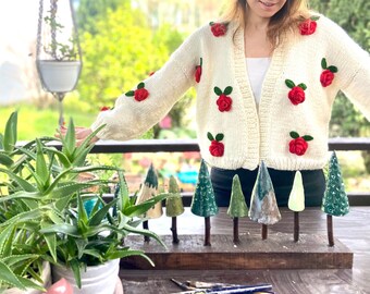 Red Roses Cardigan | Trendy Chunky Crop Folklore Sweater | Handmade Flower Jacket | Unique Gift for Her | Vintage Rose Embroidered Knitwear