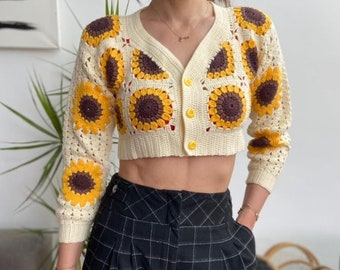 Sunflower Granny Square Crochet Cropped Cardigan | Handmade Floral Knit Crop Top | Summer Knitwear | Gift for Her | Sunflower Cardigan