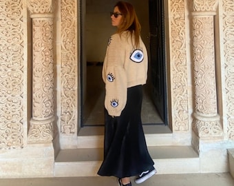 Chunky Knit Evil Eye Cardigan: Turkish Nazar Lucky Charm Jacket