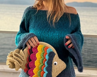 Handmade Crochet Fish Bag – Colorful Statement Clutch, Ocean Purse
