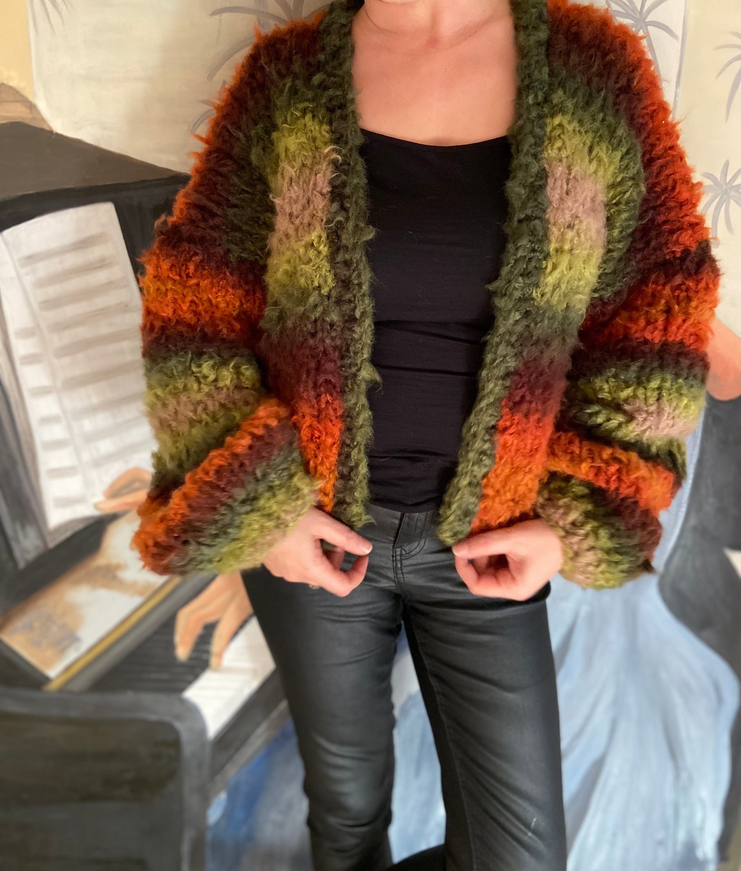 Green Orange Striped Cardigan  | Chunky Knit Sweater | Vegan Yarn Knitted Colorful Striped Jacket | Rainbow Crop Top Balloon Sleeve Knitwear