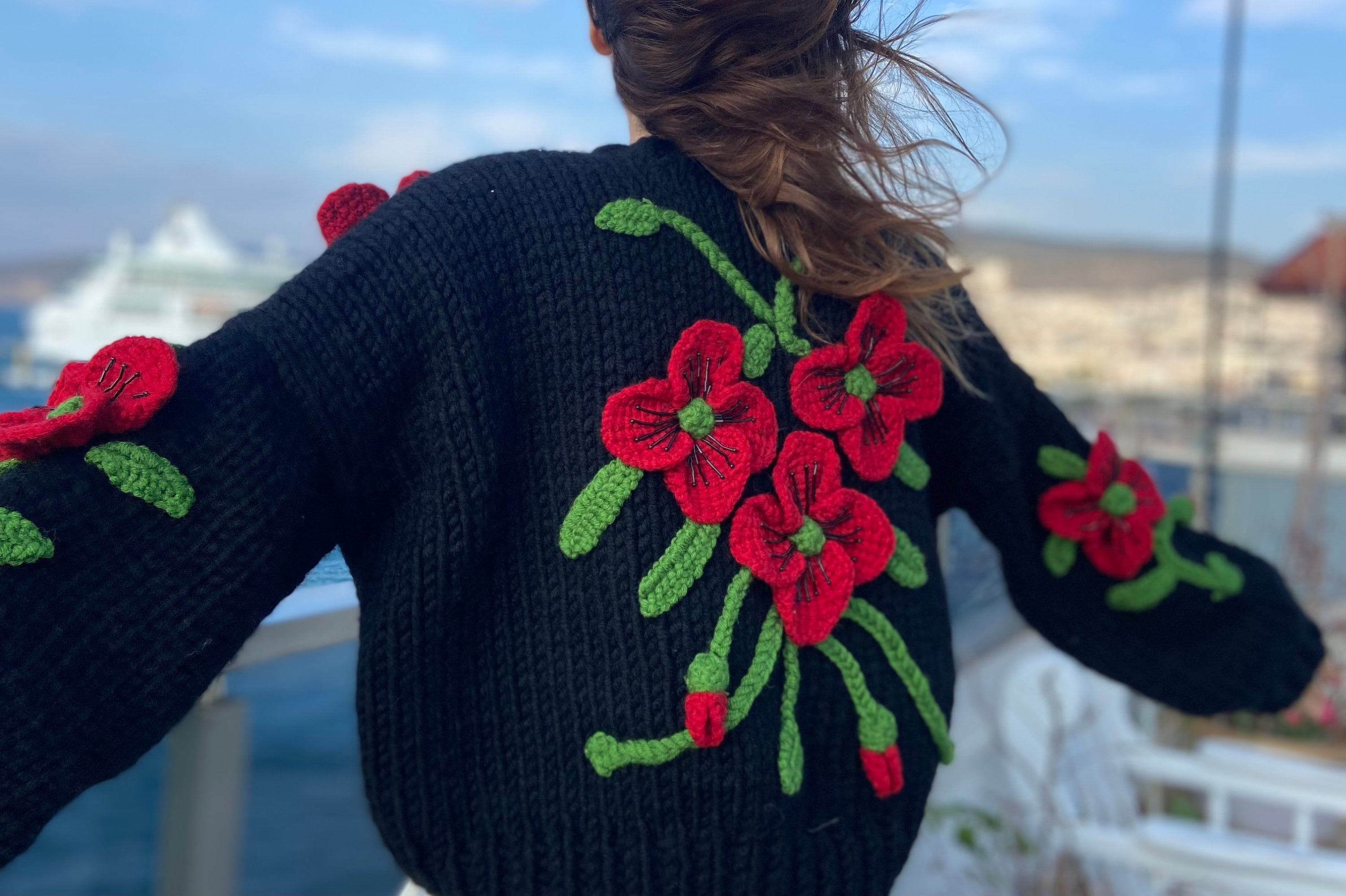 Handmade Crochet Poppy Cardigan: Black Floral Knit Jacket - Etsy