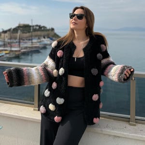 Fuzzy Black Cardigan with Multicolor  Pom-Poms , Handmade Cozy Chunky Knit Jacket, Statement Winter Sweater, Boho Vibes PomPom Sweater